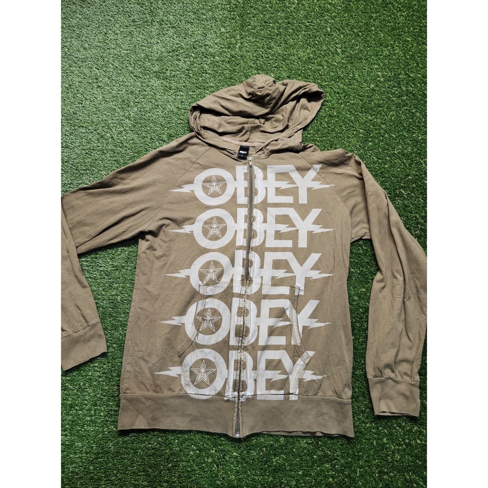Obey Hoodie Mens Medium Tan Brown Full Zip Sweatshirt Jacket Large